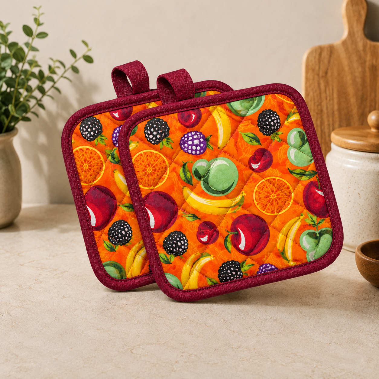 Premium Fruit Print Quilted Pot Holder – Stylish Kitchen Essential